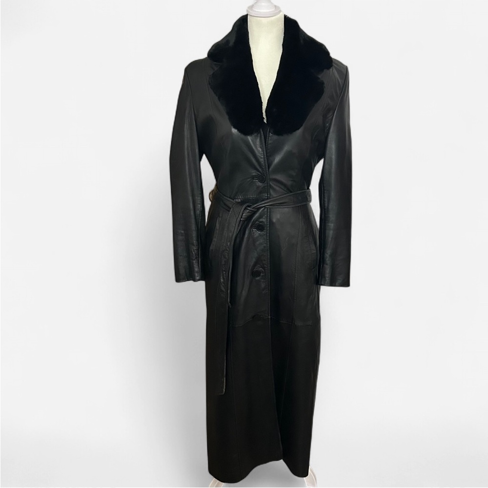 Danier Full Length Black Genuine Leather Coat with Faux Fur Collar – Y2K
